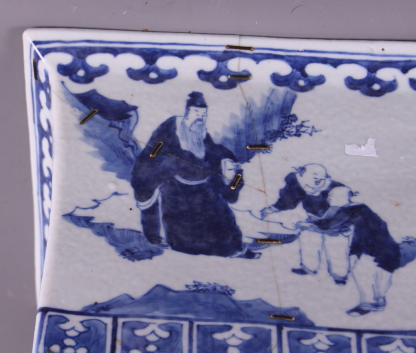A Chinese blue and white square-section jardiniere decorated figures, 8" high, and a similar - Image 4 of 5