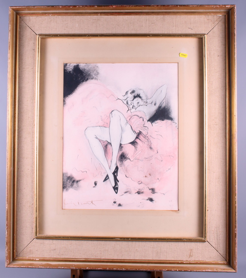 †Louis Icart: a signed mixed media study of a reclining dancer, with blind stamp and dated 1933, 18"