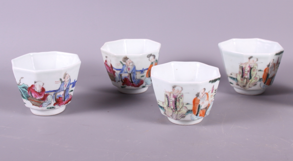 Four 19th century Chinese porcelain famille vert octagonal bowls decorated figures and two similar - Image 2 of 9