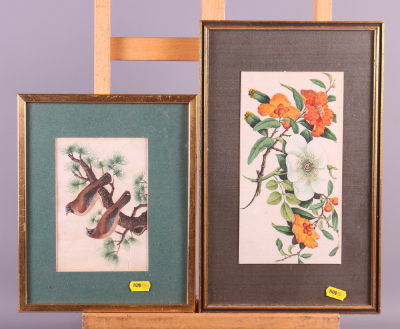 Two Chinese watercolours on pith paper boards and flowers, in gilt frames