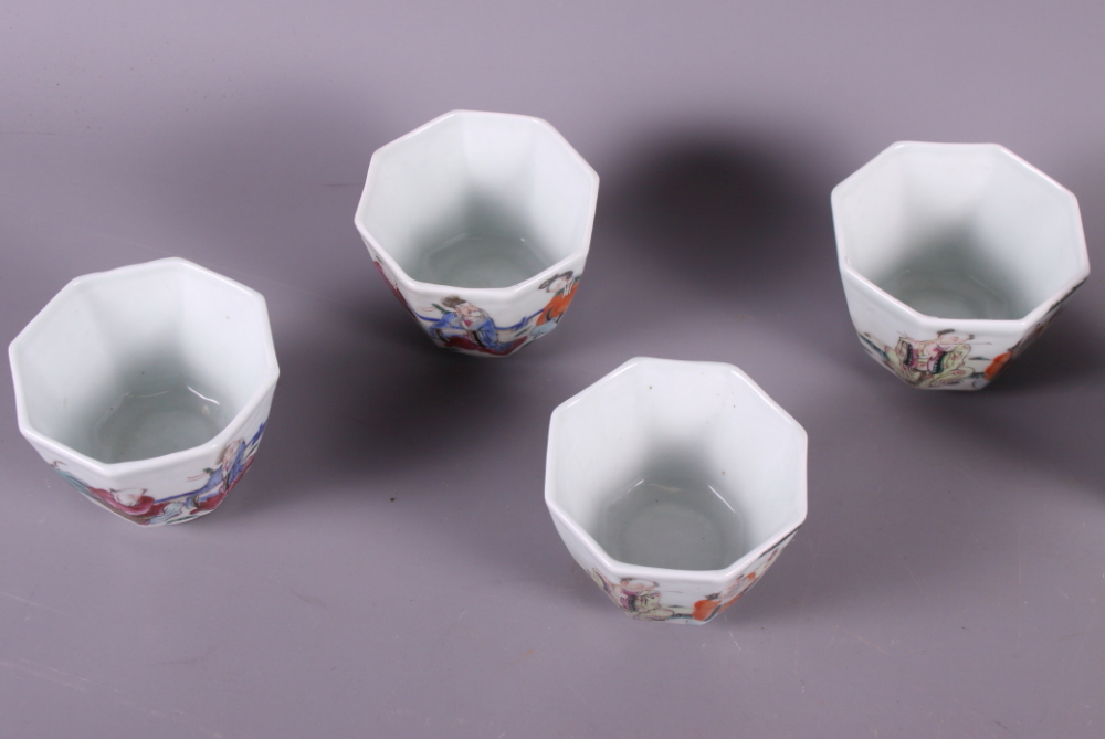 Four 19th century Chinese porcelain famille vert octagonal bowls decorated figures and two similar - Image 5 of 9