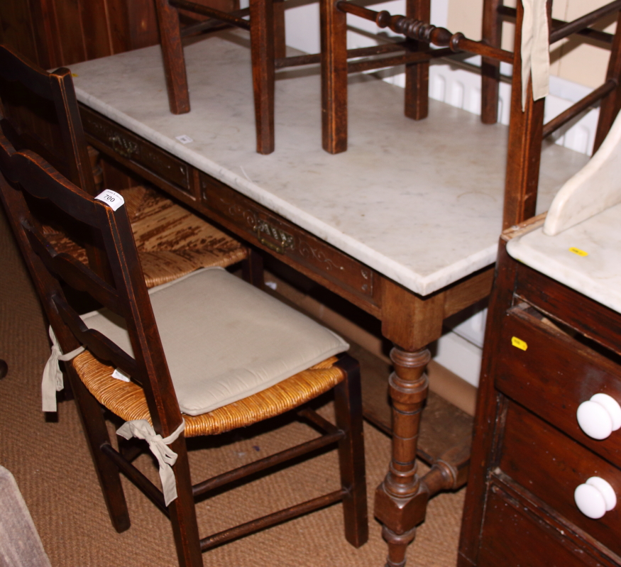 A 19th century oak and marble top washstand, fitted two doors, 48" wide