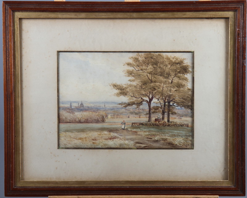 A late 19th century watercolour, view of London from Hampstead Heath?, 9 1/2" x 7", in strip frame