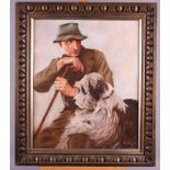 B May, '53: oil on board, shepherd with sheep dog, 15" x 18", in carved frame