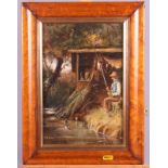 H Goring: oil on panel, figure catching fish, 7 1/2" x 11 1/2", in maple frame