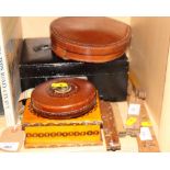 A leather jewel box, a poker workbox, a leather travelling shaving mirror, a number of folding rule