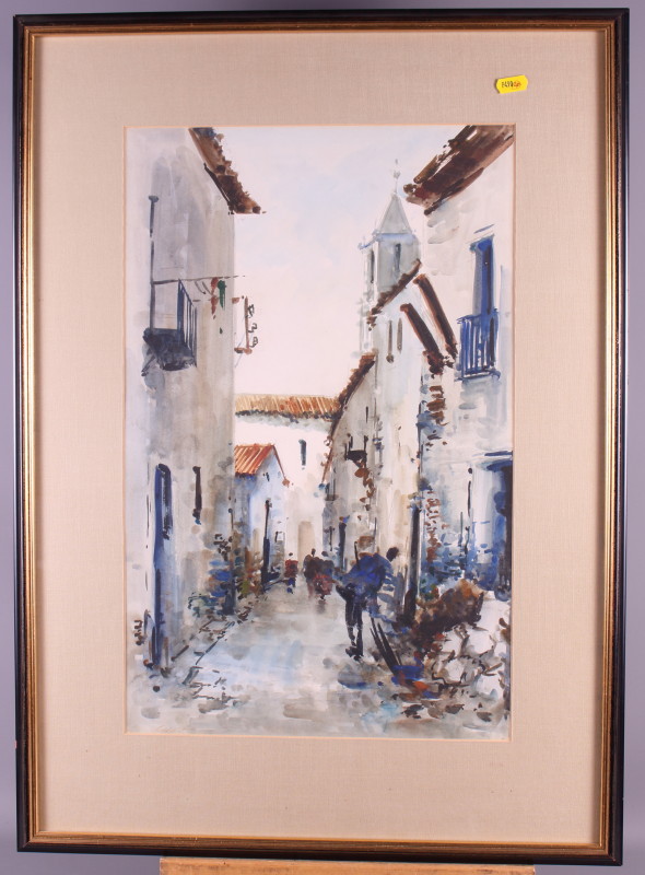 Diaz: a pair of watercolours, Continental street scenes, 13" x 20", in ebonised and gilt frames, and