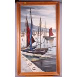 Rennie: oil on board, harbour scene, 15 1/2" x 29 1/2", in strip frame