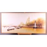 H Man: oil on canvas, view of the Palace of Westminster and Westminster Bridge, 39" x 17", in