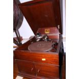 An HMV mahogany cased wind-up gramophone, 15" wide