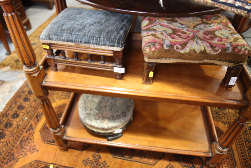 Two rectangular footstools with padded tops and a circular footstool