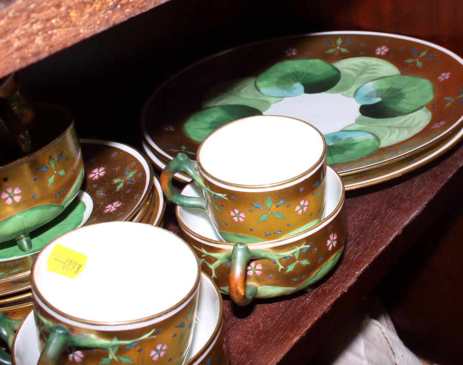 A Minton bone china gilt and waterlily decorated part teaset attributed to Christopher Dresser - Image 4 of 4