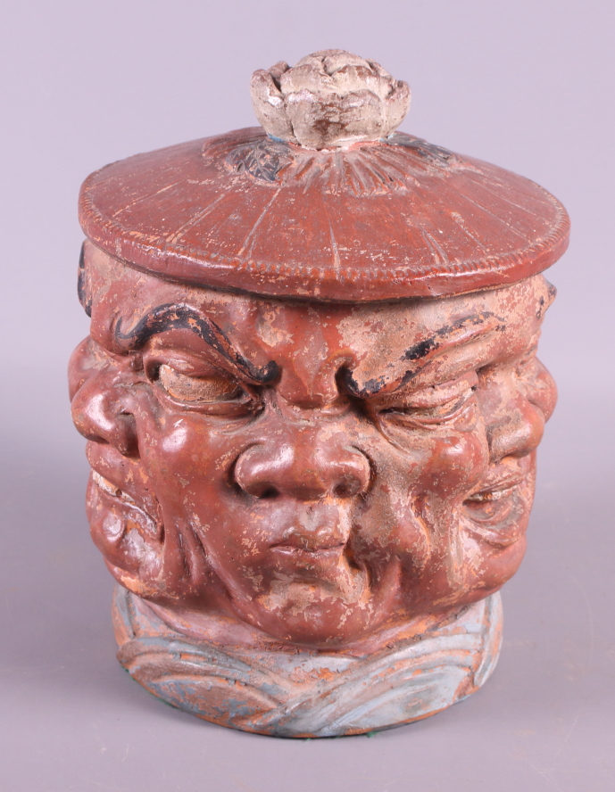 A mid 19th century painted terracotta tobacco jar with demon faces, 6" high - Image 2 of 7