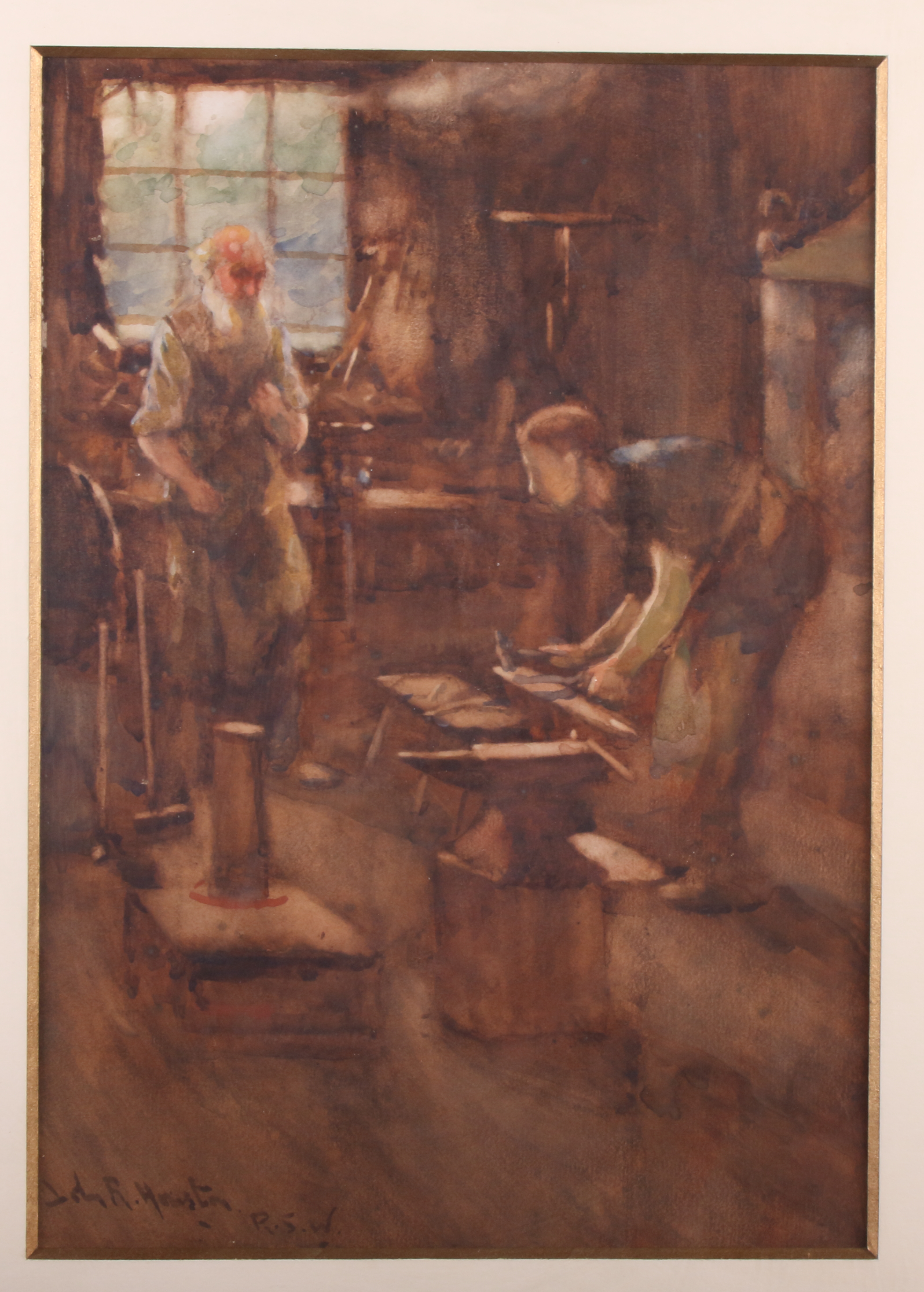 John R Houston RWS: watercolours, blacksmith's workshop with figures, 13" x 9 1/4", in gilt frame