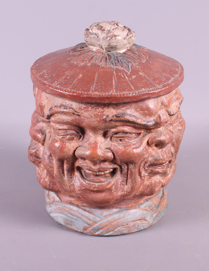 A mid 19th century painted terracotta tobacco jar with demon faces, 6" high - Image 3 of 7