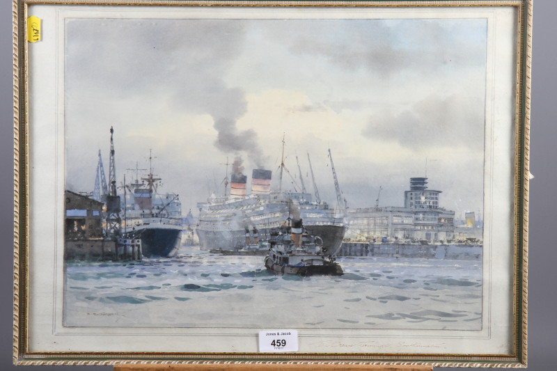 C E Turner: watercolour and bodycolours, "The Ocean Terminal Southampton", 16" x 11 3/4", in strip