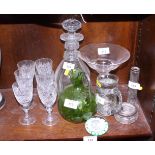 A set of six Thomas Webb sherry glasses, a decanter and stopper, a Murano paper weight and other