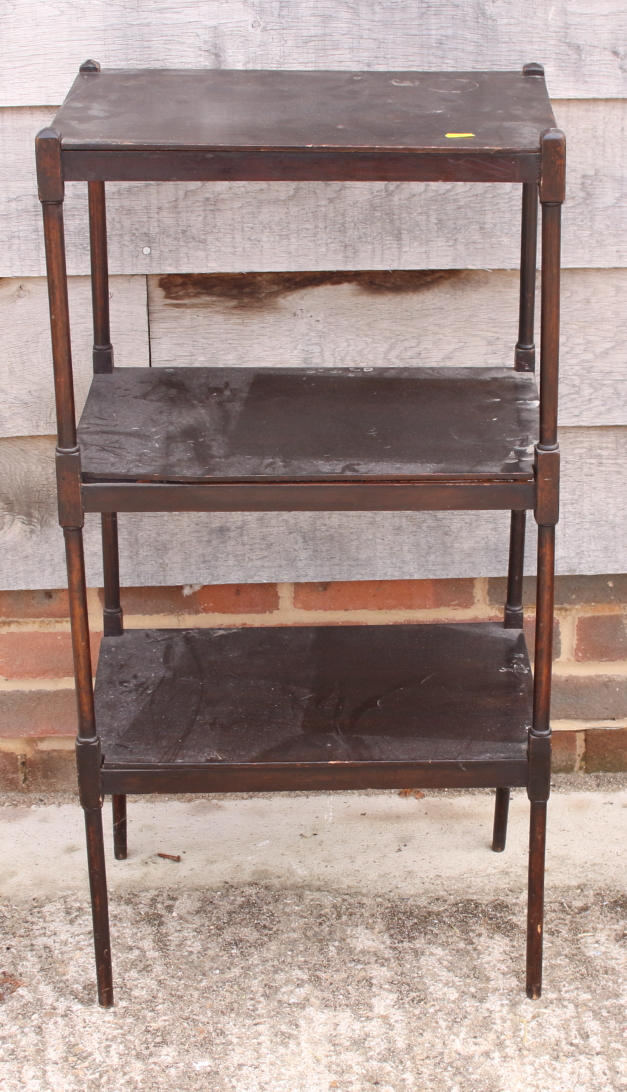 A dark stained three-tier whatnot, 18" x 12"