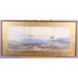 English mid 19th century: watercolour: sunset over downland with sheep in foreground, 8" x 21 1/