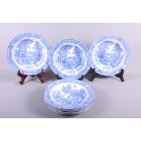 A set of eight Davenport blue and white landscape decorated soup plates