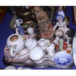 A Rouen figure double sided salt (for restoration), four Continental porcelain figures, a