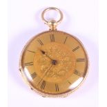 A 19th century 18ct gold cased open faced fob watch with gilt dial and Roman numerals