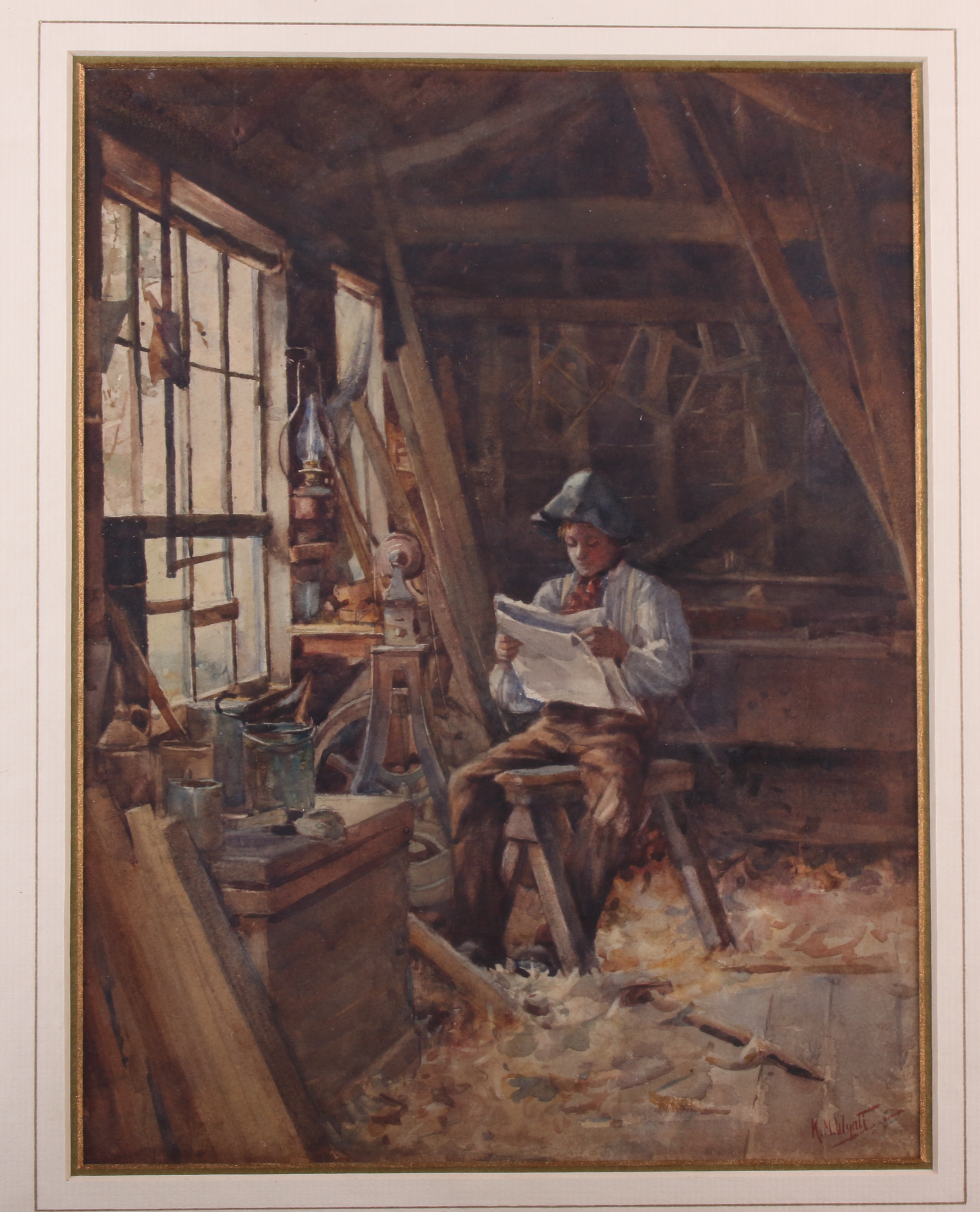 K M Wyatt: watercolours, figure reading a newspaper in workshop, 12" x 9 1/4", in gilt frame