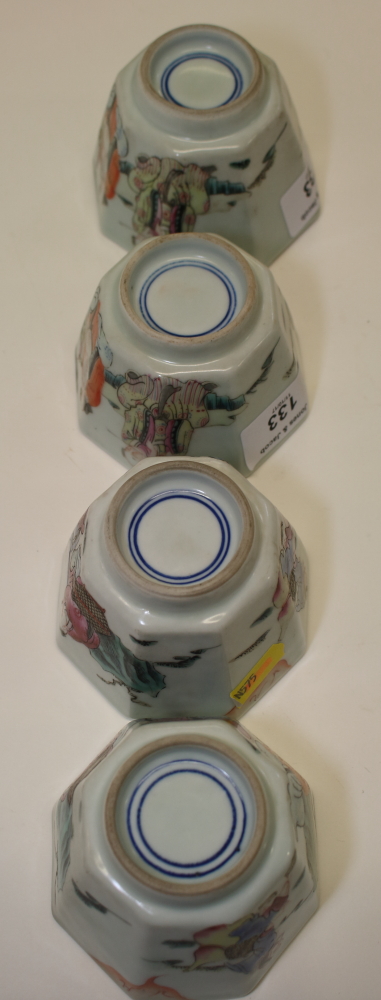 Four 19th century Chinese porcelain famille vert octagonal bowls decorated figures and two similar - Image 7 of 9