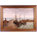 Robert Wier Allan: an oil on canvas faced board, "Home and Shelter" Belgian harbour scene, 23 1/2" x