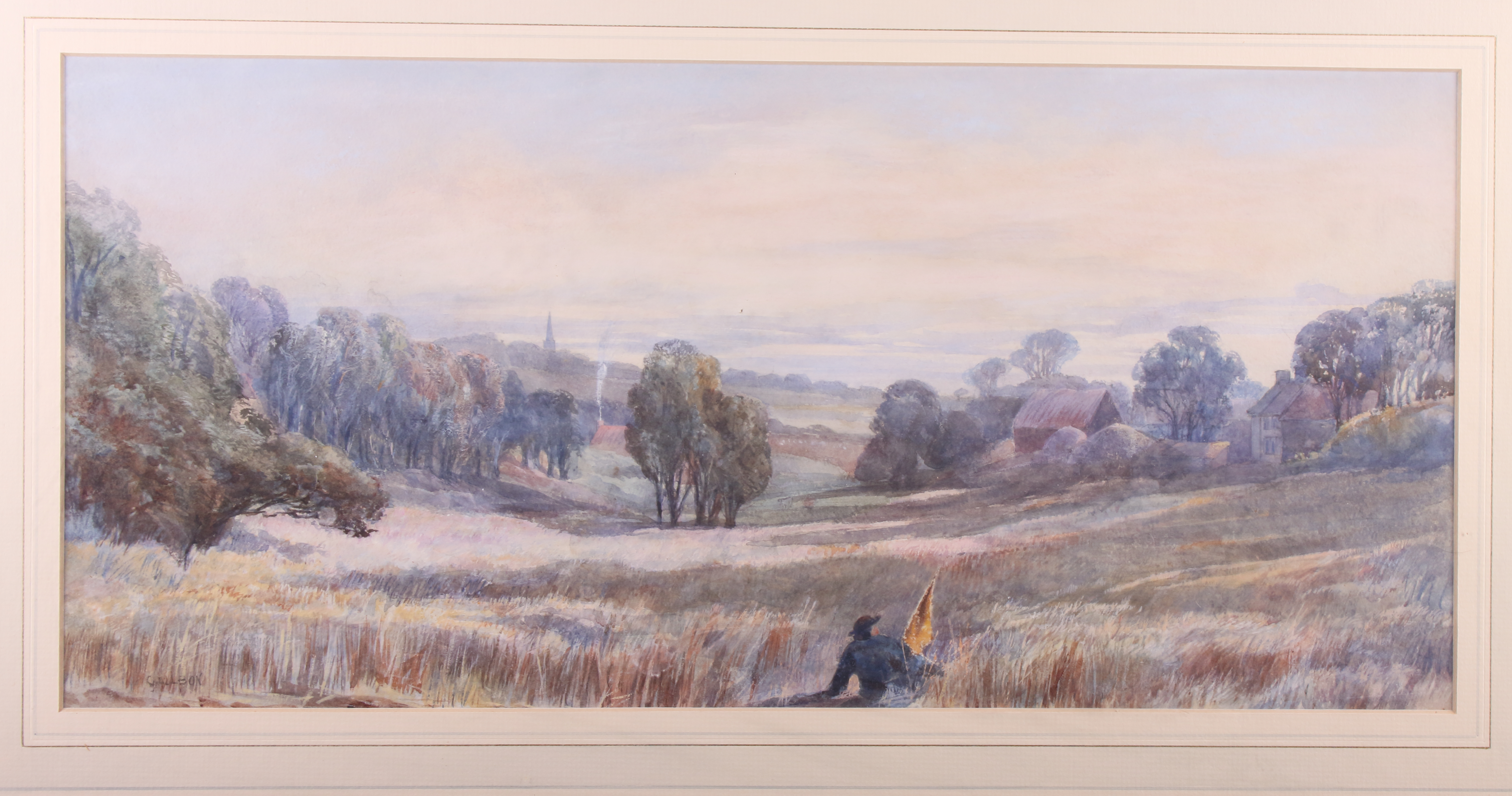 Gallbon: watercolours, 19th century landscape with distant cottages and church, 9" x 19", in wash