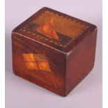 A 19th century marquetry money box with sailing yacht top and white ensign, 5" wide