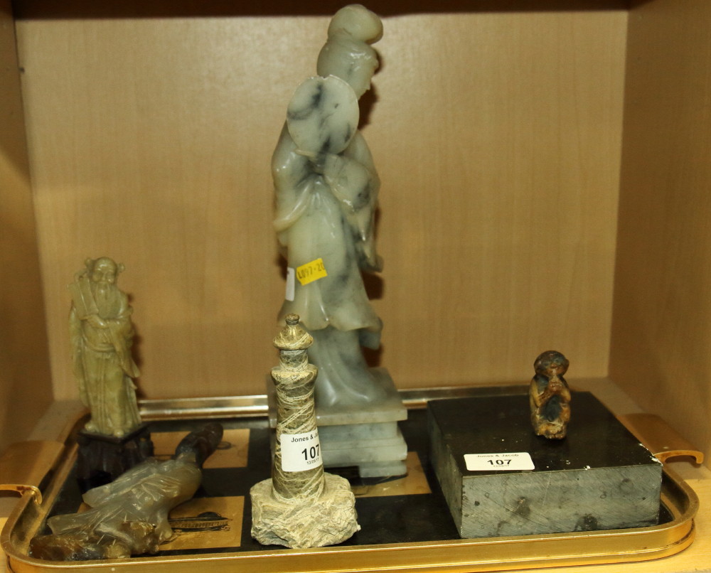 Three Chinese carved hardstone figures, various, a serpentine stone lighthouse paperweight and a - Image 2 of 2