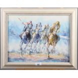 Anthony Veccio: acrylic, head-on view of four racehorses at full gallop