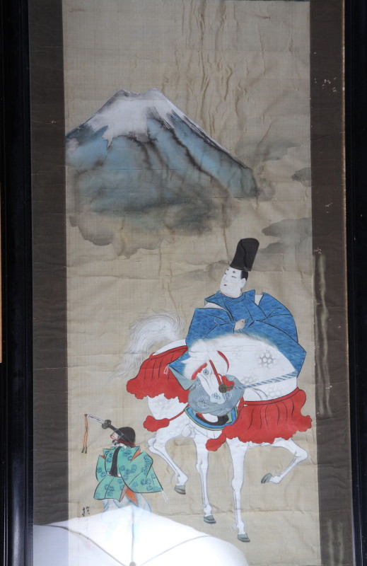 A 19th century Japanese watercolour and bodycolour on silk, mounted samurai and attendant with Mount