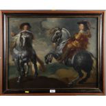 An oil on oak panel, 17th century horseman, 25 1/2" x 20", in gilt decorated frame