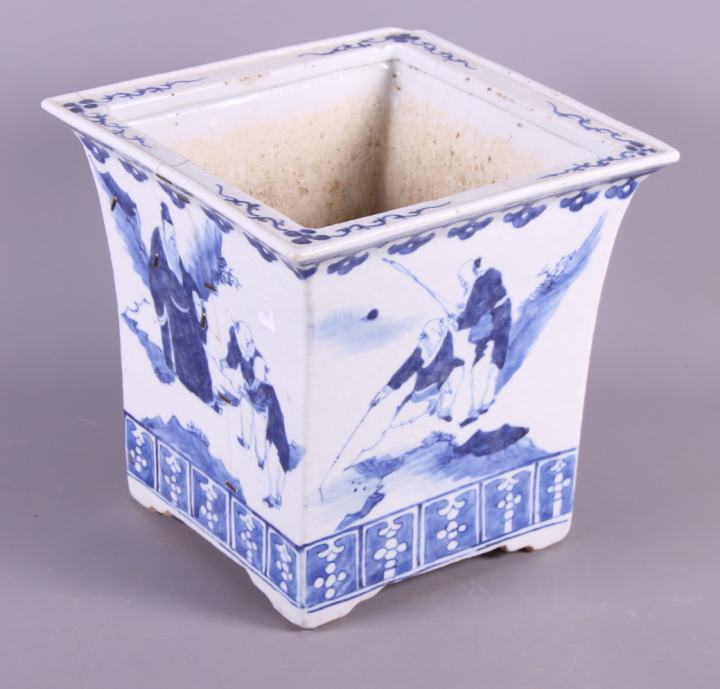 A Chinese blue and white square-section jardiniere decorated figures, 8" high, and a similar