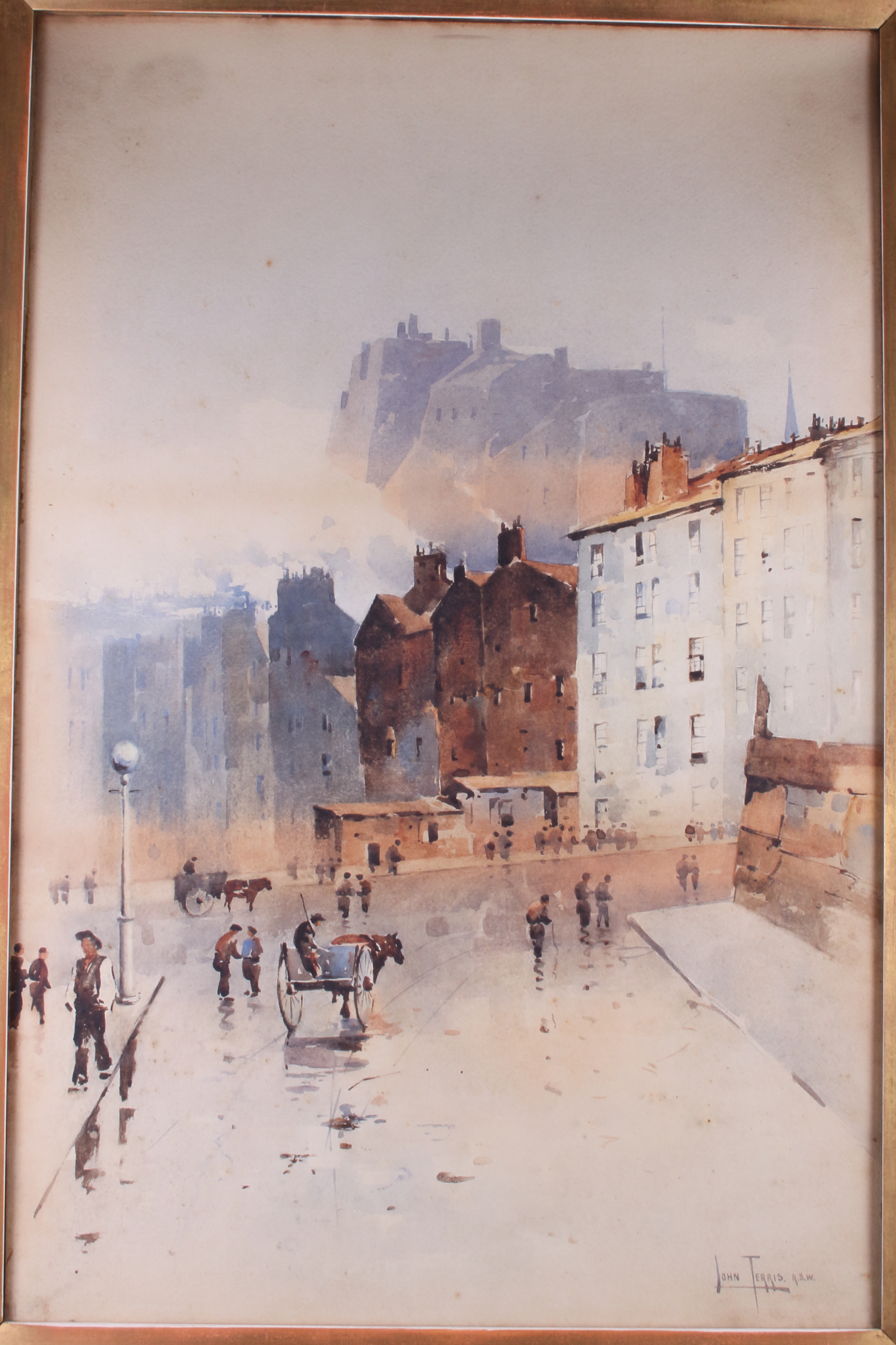 John Terris RSW: watercolour, view of The Grassmarket Old Edinburgh, label verso, 29" x 19", in deep