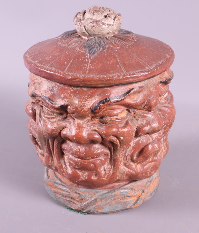 A mid 19th century painted terracotta tobacco jar with demon faces, 6" high - Image 5 of 7