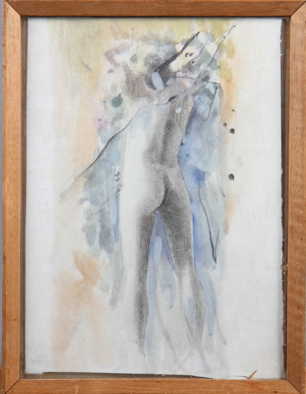 A mid 20th century watercolour study of a standing nude, in strip frame