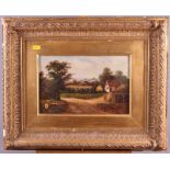 Jackman: a 19th century oil on canvas, cottage and lane with figure in centre ground, 11 1/2" x 7