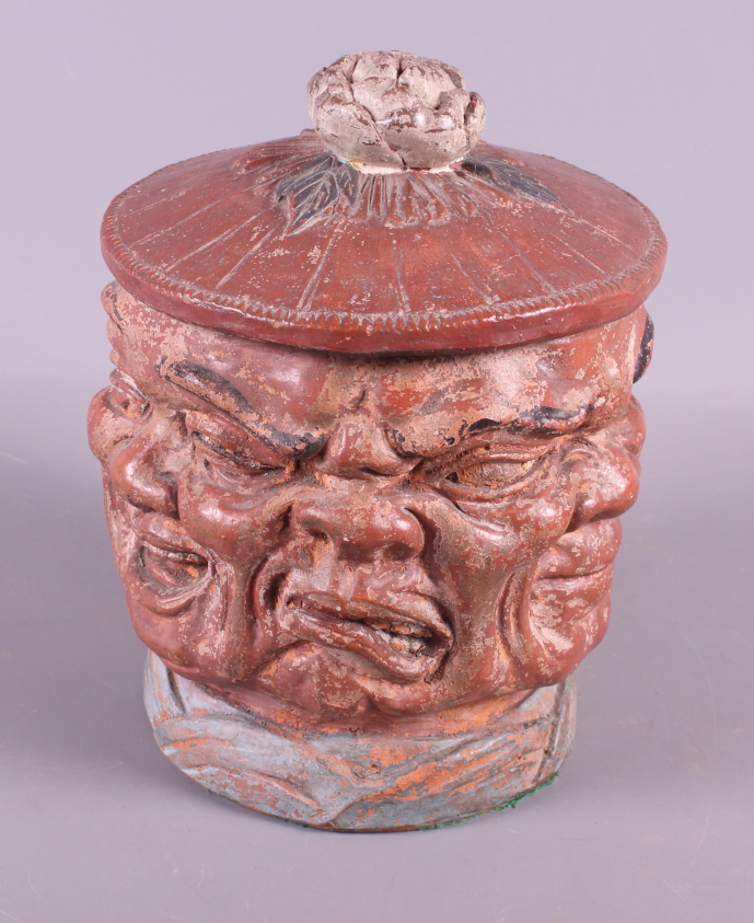 A mid 19th century painted terracotta tobacco jar with demon faces, 6" high - Image 4 of 7