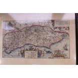 Norden's Sussex: a 17th century hand-coloured map, in ebonised and gilt frame