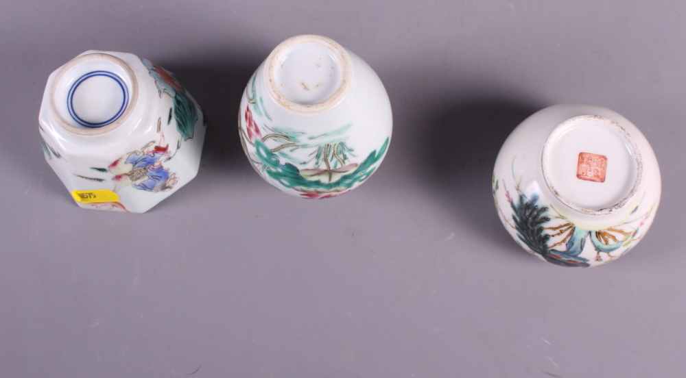 Four 19th century Chinese porcelain famille vert octagonal bowls decorated figures and two similar - Image 6 of 9