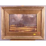 A 19th century oil on canvas, figures in foreground and oncoming storm, 13 1/2" x 8 1/2", in gilt