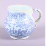 An early 18th century blue Delftware mug with museum quality restorations, landscape and animal