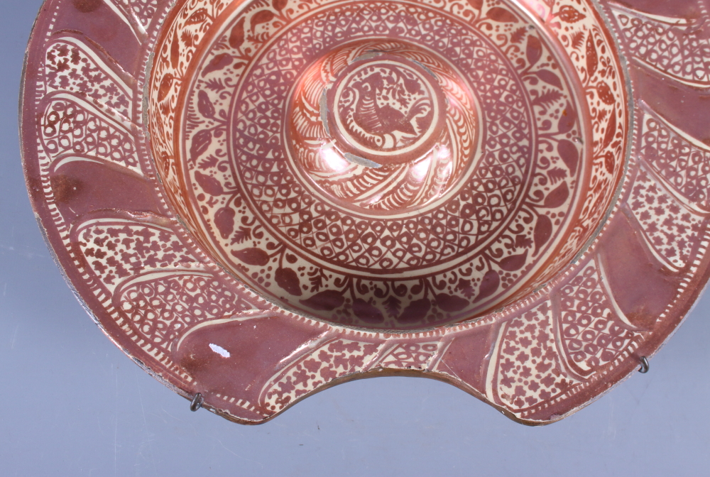 An early 18th century Hispano Moresque shaving bowl with traditional design, 14" dia (restorations) - Image 2 of 4