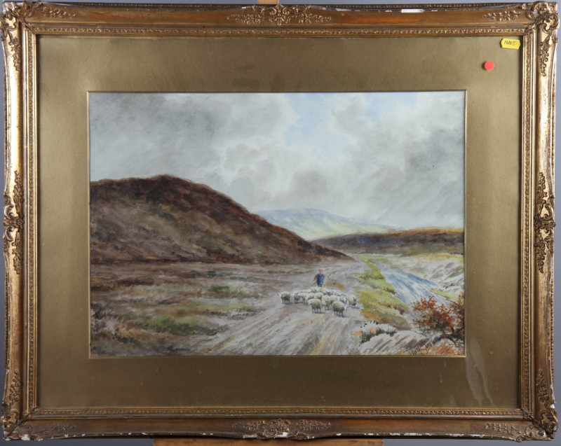 R Halfright: watercolours, moorland landscape with shepherd and sheep, 20" x 14", in gilt frame