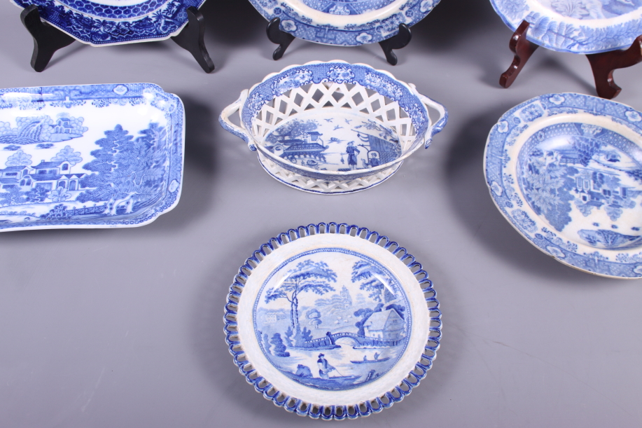 An early 19th century blue and white transfer decorated chestnut basket, a similar osier plate, four - Image 2 of 12