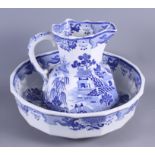 An early 19th century Masons blue and white ironstone toilet jug and basin jug, 12" high