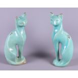 A pair of Art Deco green crackle glazed model cats, 13 1/2" high